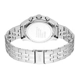 Back of a silver-toned stainless steel watch. Features a link bracelet with an Esprit-engraved deployment clasp, three side p