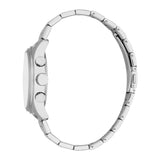 Men's silver-toned watch with a round case, three side pushers, and a white dial edge. It has a silver-toned metal link brace