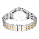 Back view of a men's watch with a silver-toned case and a two-tone metal link bracelet with silver-toned and gold-toned links