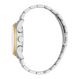 Men's watch with a silver-toned case, gold-toned bezel, white dial, three side pushers, and a two-tone metal link bracelet.