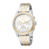 Men's Esprit chronograph watch with a silver-toned case, gold-toned bezel, white dial, and a two-tone silver and gold-toned m
