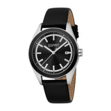 Esprit men's watch with a silver-toned case, black dial, and black textured leather strap, showing the date '8'.