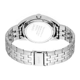 Silver-toned watch, back view. Round case with engraved details, metal link bracelet with 'ESPRIT' on the fold-over clasp.