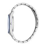 Men's watch with a silver-toned case, blue bezel, light blue striped dial, and silver-toned metal link bracelet.