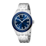 Esprit men's watch with silver-toned metal case and bracelet, blue sunray dial, and blue bezel.