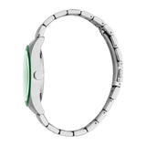 Silver-toned watch with a round case, light green dial, and a silver-toned metal link bracelet, viewed from the side.