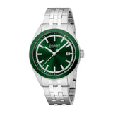 Esprit men's watch with a silver-toned metal link bracelet, silver-toned case, green bezel, and green sunray dial with white