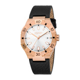 Esprit men's watch with rose-gold-toned faceted case, silver dial, and black grained strap.