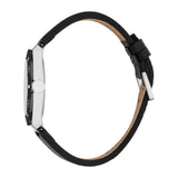 Men's watch with a silver-toned rectangular case, white dial, and a black leather-look strap with a silver-toned buckle.