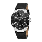 Esprit men's watch with a silver-toned case, black rotating bezel, black sunray dial, and black textured leather-like strap.