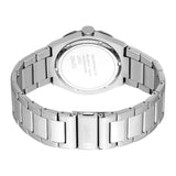 Stainless steel watch, back view. Link bracelet with polished and brushed finishes, fold-over clasp engraved 'ESPRIT'.