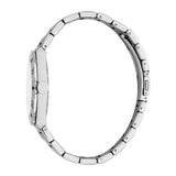Silver-toned metal watch with a link bracelet, round case, white face, and a side crown. Bezel shows numbers 10 and 20.