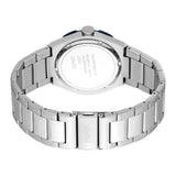 Silver-toned metal watch, back view. Features a link bracelet, an 'ESPRIT' engraved clasp, and a case back with text. Two blu