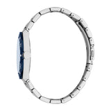 Silver-toned watch with a blue bezel showing numbers 10 and 20. It has a light blue dial and a silver-toned metal link bracel