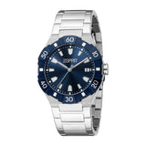 Esprit men's watch with a silver-toned metal link bracelet, a round silver-toned case, and a dark blue dial with a matching d
