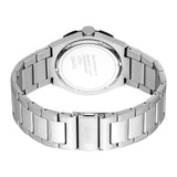 Watch, back view. Silver-toned metal case and link bracelet. Case back has brand and water resistance text. Clasp engraved wi