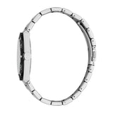 Silver-toned watch with a round case, black bezel with white numbers, and a silver-toned metal link bracelet, viewed from the