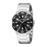 Men's Esprit watch with a silver-toned metal bracelet, silver-toned case, black rotating bezel, and black dial.