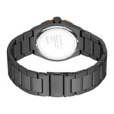 Dark grey metal watch with a link band, seen from the back. Features a silver-toned case back and rose-gold toned accents nea