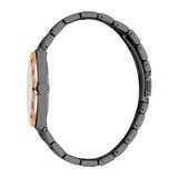 Men's watch with a dark grey case, rose gold-toned bezel with numbers, white face, and a dark grey link bracelet.