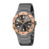Esprit men's watch with a dark grey link bracelet, dark grey dial, and a rose-gold-toned rotating bezel.