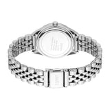 Silver-toned watch, back view. Round case with engraved text. Multi-link bracelet with a fold-over clasp engraved 'ESPRIT'. S
