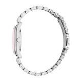 Silver-toned watch with a round case, pink dial, and a silver-toned bracelet made of small, curved links with a clasp.