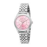 Silver-toned women's watch with a round case, pink patterned dial, Roman numeral XII, and crystal-set hour markers on a multi