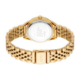 Gold-toned women's watch, back view. Round case with a silver-toned stainless steel back. Gold-toned metal link bracelet with