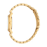 Gold-toned women's watch with a round case, white dial, and a textured metal link bracelet with a fold-over clasp.