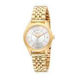 Gold-toned Esprit women's watch with a round case, white textured dial, Roman numeral at 12, and crystal markers.