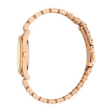 Rose gold-toned watch with a round case, light yellow dial, crown, and a delicate metal link bracelet with a clasp.