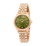 Rose gold-toned Esprit women's watch with a round case, multi-link bracelet, and a green dial featuring crystal hour markers