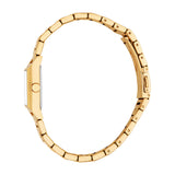 Gold-toned rectangular watch with a metal link bracelet and a side crown. The bracelet has a visible clasp.