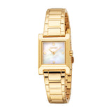 Gold-toned Esprit women's watch with a rectangular case, polished link bracelet, and white mother-of-pearl dial