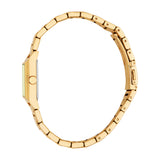 Gold-toned rectangular watch with a light green face, side crown, and a metal link bracelet.