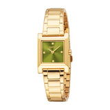 Esprit women's watch with a gold-toned rectangular case, a green sunray dial, and a gold-toned link bracelet.