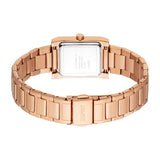 Rose gold-toned rectangular watch with a link bracelet. The back of the case shows brand and water resistance details. 'ESPRI