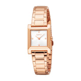 Rose gold-toned Esprit women's watch with a rectangular case, white sunray dial, and link bracelet.