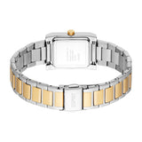 Rectangular silver-toned watch with gold-toned crown. Two-tone silver-toned and gold-toned link bracelet with Esprit-engraved