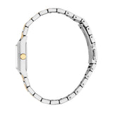 Silver-toned rectangular watch with a gold-toned crown and a two-toned metal link bracelet with a silver-toned clasp.