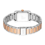 Rectangular silver-toned watch with rose gold-toned crown. Two-tone metal bracelet of silver- and rose gold-toned links, Espr