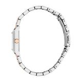 Silver-toned rectangular watch with rose gold-toned crown. Two-tone link bracelet with silver-toned and rose gold-toned links