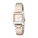 Silver-toned and rose gold-toned women's watch with a rectangular case, mother-of-pearl dial, and link bracelet.