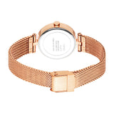 Rose gold-toned watch, back view. Round case, mesh band, and clasp with Esprit logo. Silver-toned case back with text.