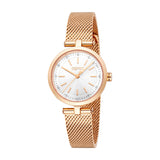 Rose gold-toned women's watch with a round case, silver-toned dial, crystal-embellished bezel, and a fine mesh strap.