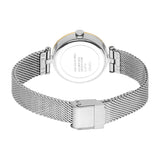 Round watch with a silver-toned mesh band and clasp. The case back is silver-toned, and the case sides are gold-toned.