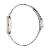 Silver-toned watch with a round case, gold-toned bezel, and a light-colored dial. It has a silver-toned mesh bracelet with a