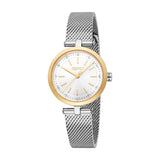 Esprit women's watch with a silver-toned mesh strap, gold-toned bezel, and a silver dial with gold-toned markers.