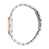 Women's watch with a white dial, rose-gold-toned bezel, silver-toned case, and a silver-toned metal link bracelet.